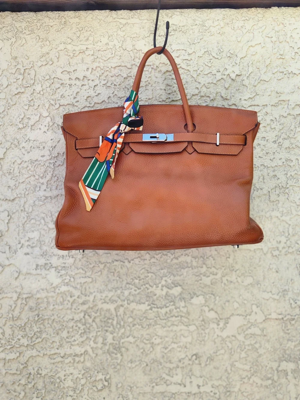 Elegant Orange Leather Tote Bag with Scarf Accent